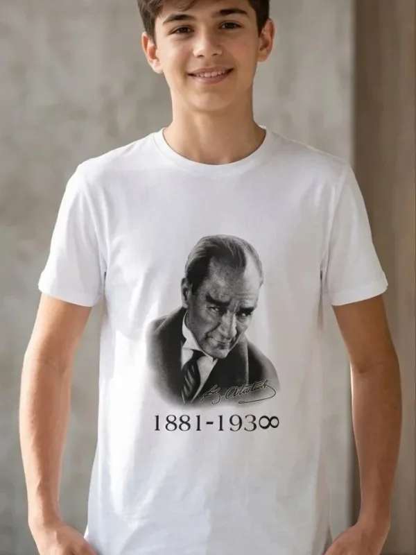 Dečak Bela Okrugli Izrez Ataturk Print Majica 3
