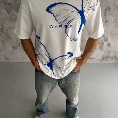 Машки бел oversize велосипед јака печатена маица 2