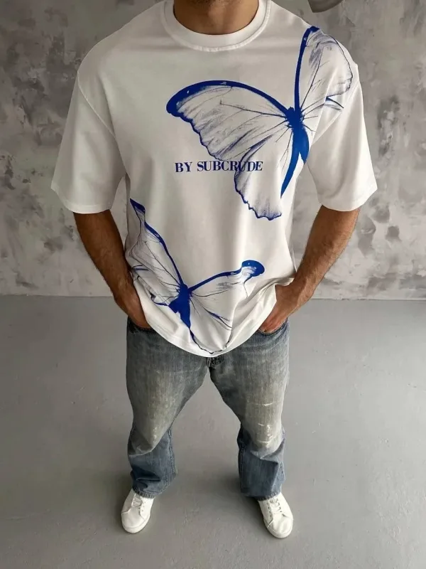 Машки бел oversize велосипед јака печатена маица 2
