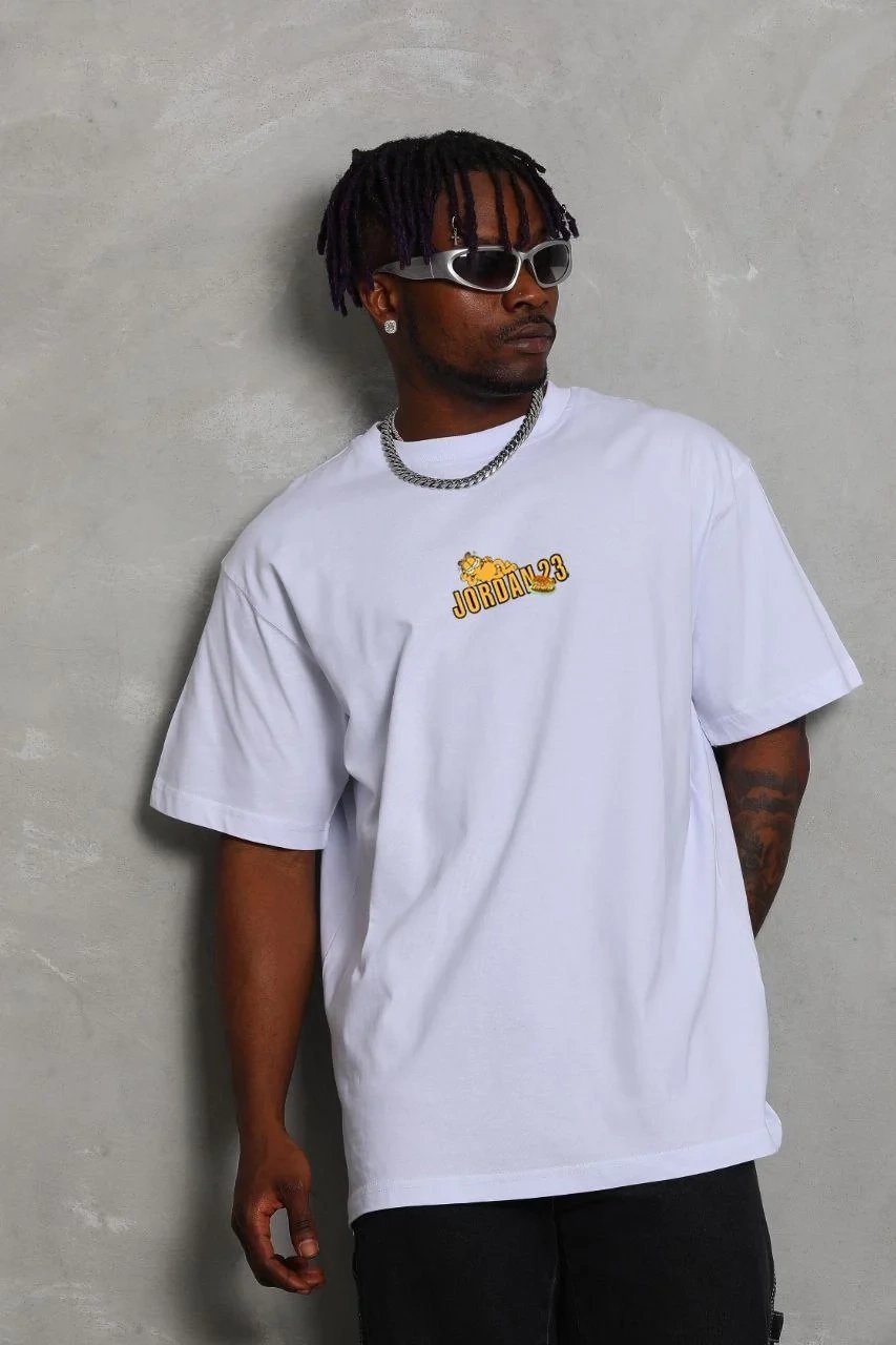 Λευκό Ανδρικό Oversize Ποδήλατο Λαιμό Τυπωμένο T-shirt
