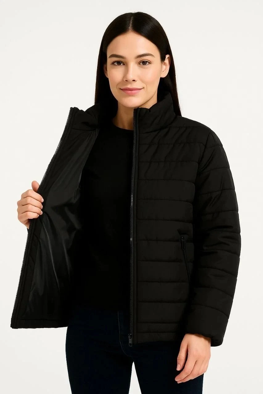 Women's Black Waterproof Quilted Lined Zippered Bomber Jacket