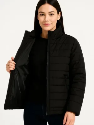 Women's Black Waterproof Quilted Lined Zippered Bomber Jacket