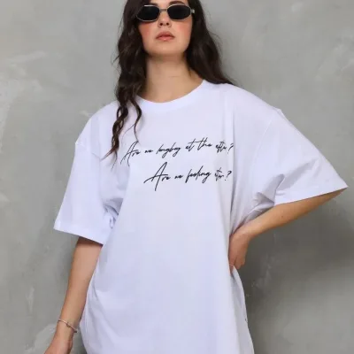 Γυναικείο Λευκό Oversize Ποδηλατόλαιμο Τυπωμένο Κοντό Μανίκι Μπλουζάκι 5