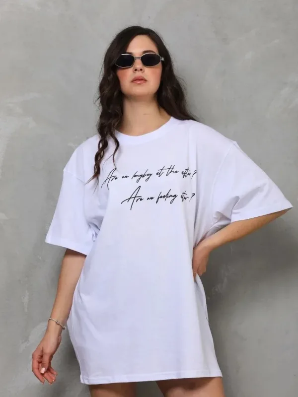 Γυναικείο Λευκό Oversize Ποδηλατόλαιμο Τυπωμένο Κοντό Μανίκι Μπλουζάκι 5