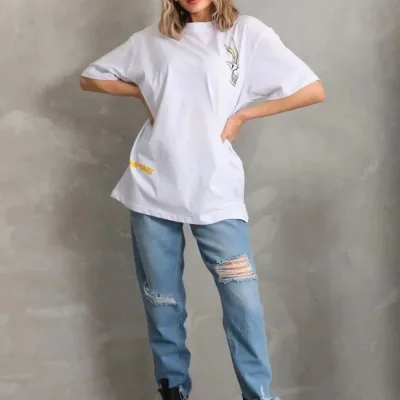 Ženski beli Oversize Bicikli kragna print majica 6