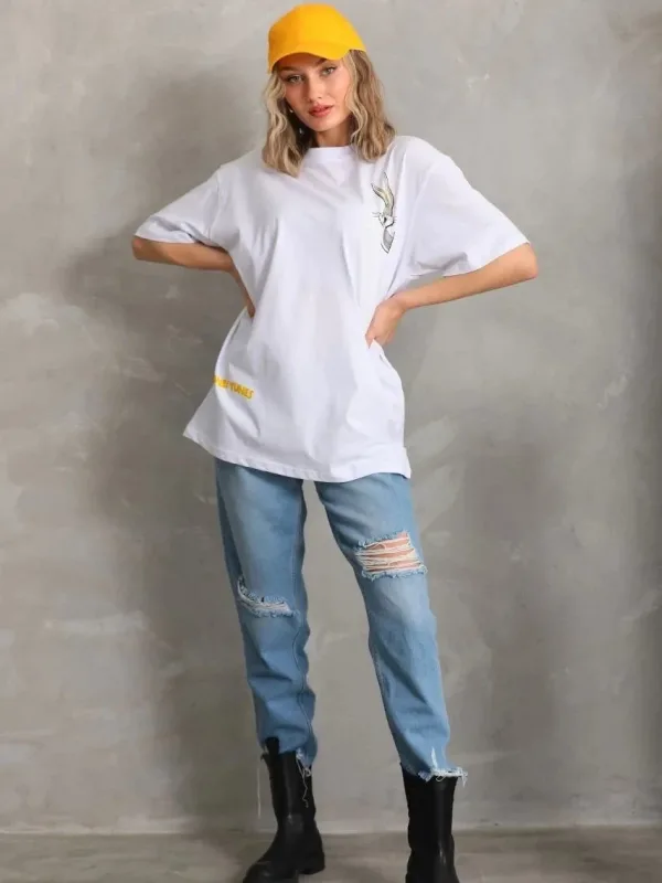 Ženski beli Oversize Bicikli kragna print majica 6
