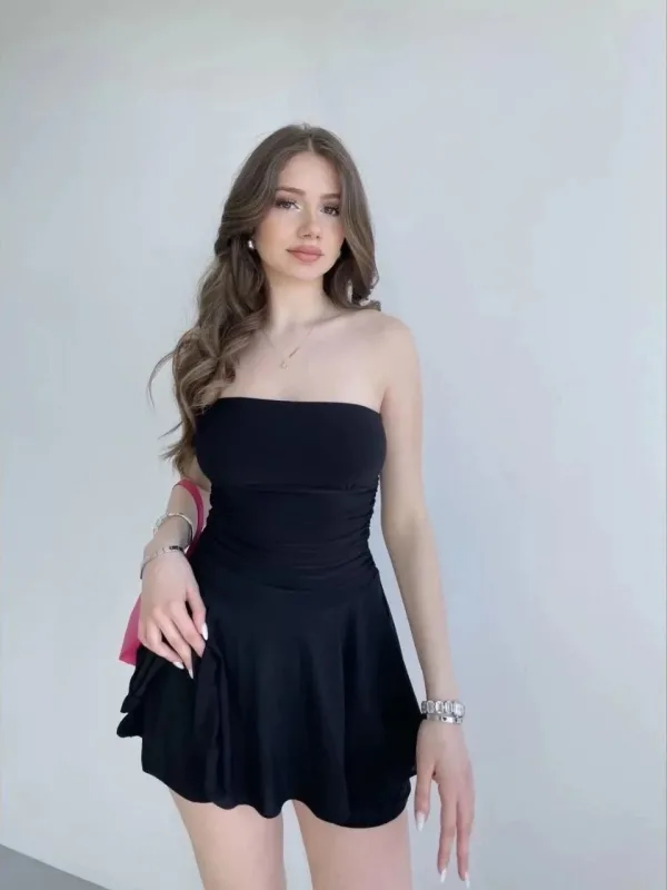 Women's Black Ruched Strapless Mini Skirt Look Shorts Dress 2