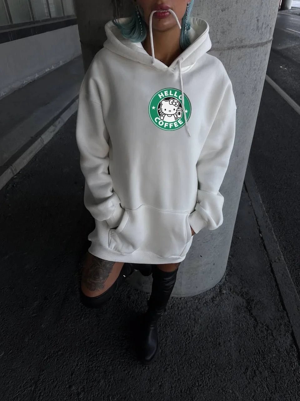 Damski Biały Oversize Kaptur Nadruk 3-nitkowy Bawełniany Sweatshirt 4