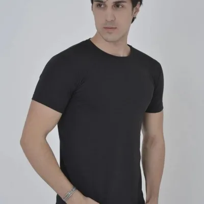 Машки црн slim fit со страничен патент бициклет јака маица 2