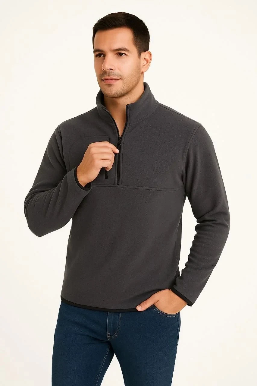 Pánsky dymový fleece stojatý golier polovičný zips s náprsným vreckom sveter