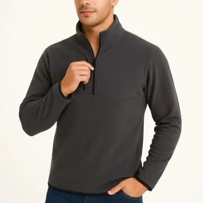 Pánsky dymový fleece stojatý golier polovičný zips s náprsným vreckom sveter 1