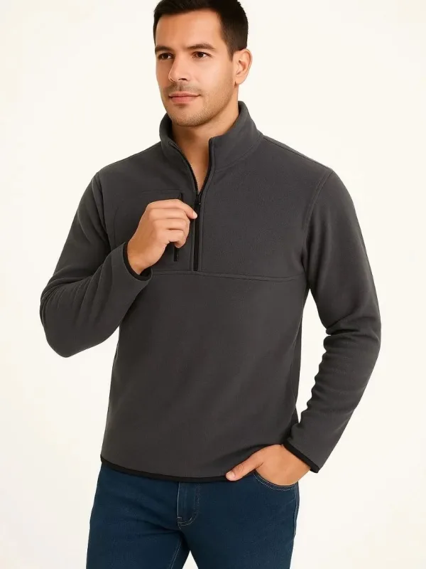Pánsky dymový fleece stojatý golier polovičný zips s náprsným vreckom sveter 1