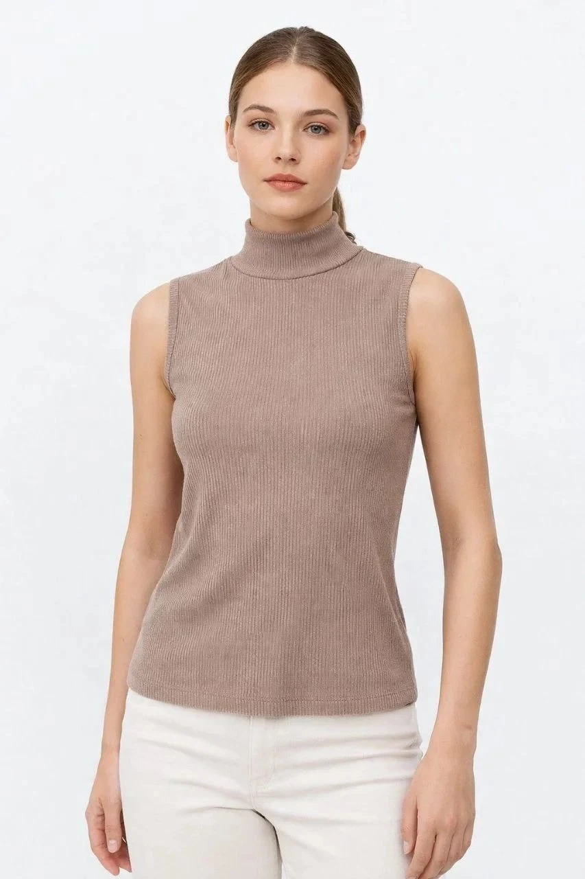 Women's Beige Ribbed Half Turtleneck Basic Bodysuit Tank Top