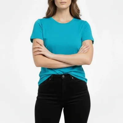 Damski turkusowy slim fit T-shirt z dekoltem w serek, elastyczny, podstawowy 3