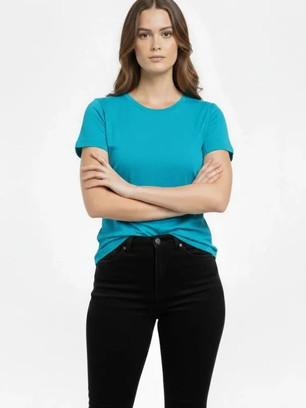 Damski turkusowy slim fit T-shirt z dekoltem w serek, elastyczny, podstawowy 3