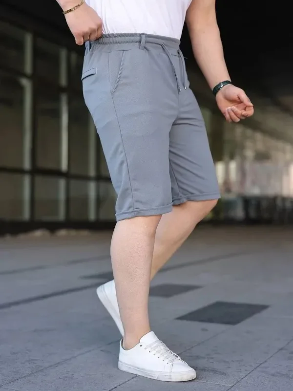 Men's Gray Diagonal Fabric Double Hem Pocket Laced Shorts 3