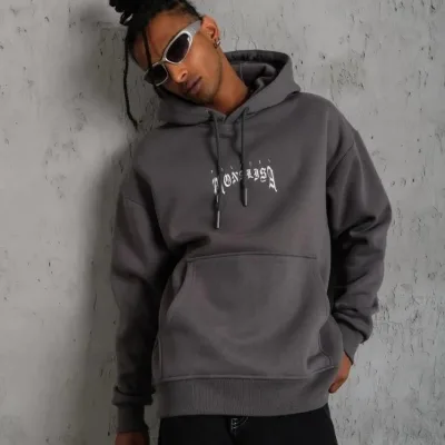 Bărbați Gri Oversize 3 Fire Bumbac Capușon Imprimat Sweatshirt 2