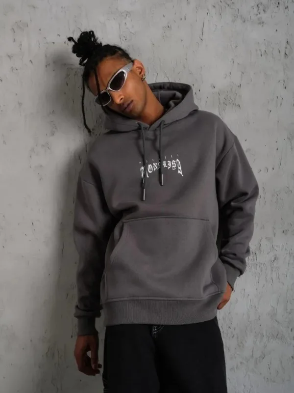 Bărbați Gri Oversize 3 Fire Bumbac Capușon Imprimat Sweatshirt 2