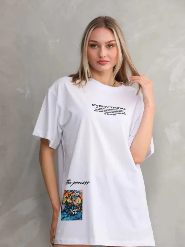 Ženska bela oversize bicikli kragna štampana majica 3