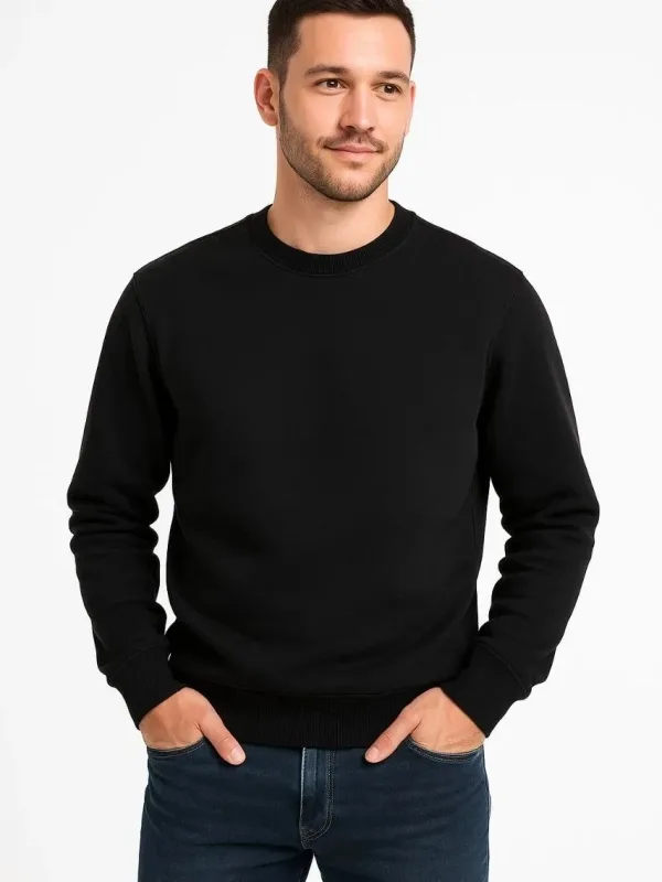 Férfi fekete 3 szálas pamut kerékpáros nyakú sweatshirt 2
