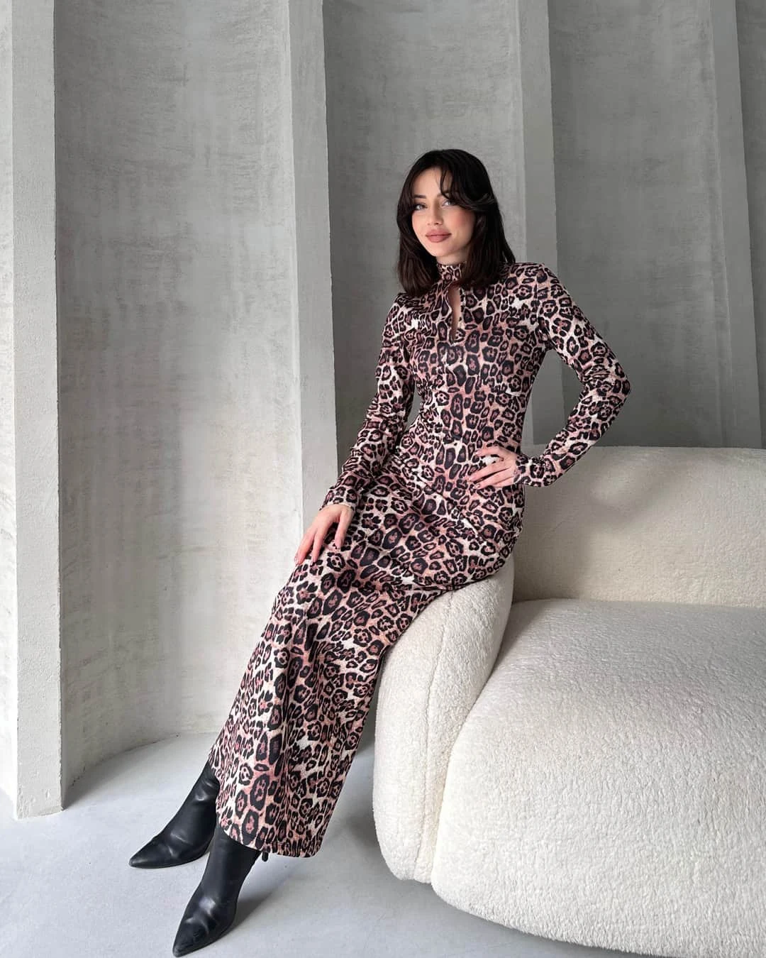Rochie maxi cu gât tip sărut și model, leopard