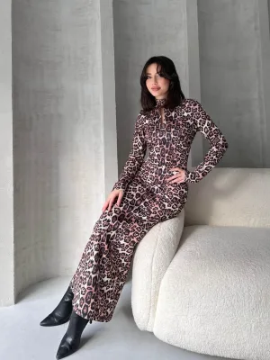 Rochie maxi cu gât tip sărut și model, leopard