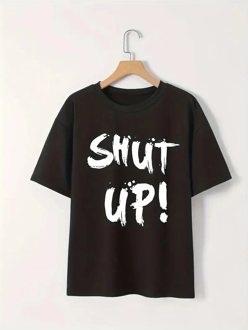 Женски црн велосипед јака Shut Up печатење кратки ракави маица