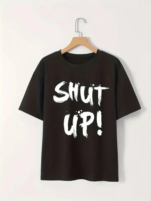Женски црн велосипед јака Shut Up печатење кратки ракави маица 1