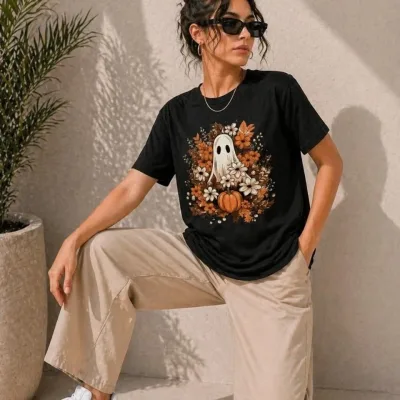 Women's Black Oversize Pumpkin Ghost Printed T-Shirt 2