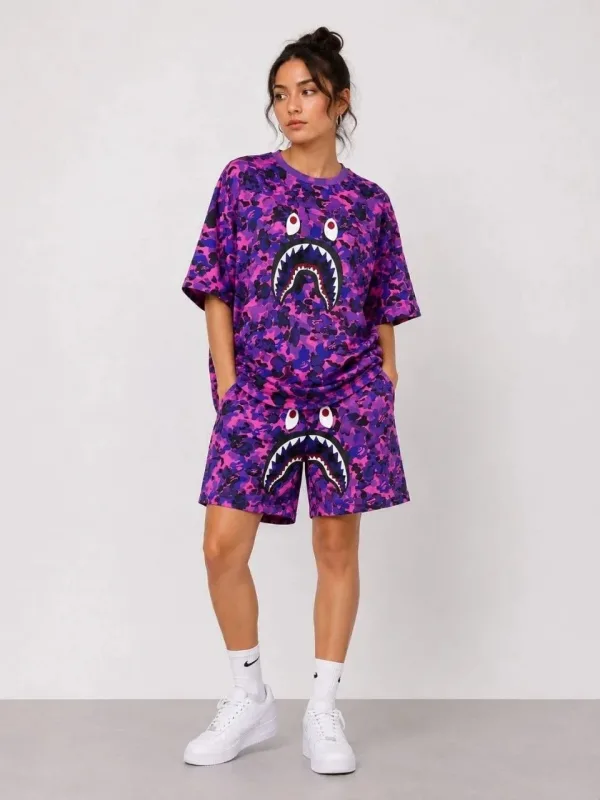 Set për femra, bluzë oversize me qëndisje dhe pantallona të shkurtra me xhepa ngjyrë vjollcë 2