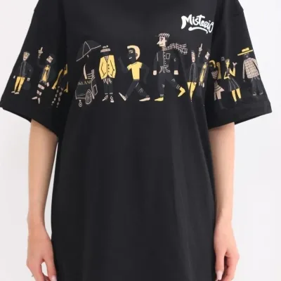 Női Fekete Oversize Kerékpárnyakú Mintás Póló 3