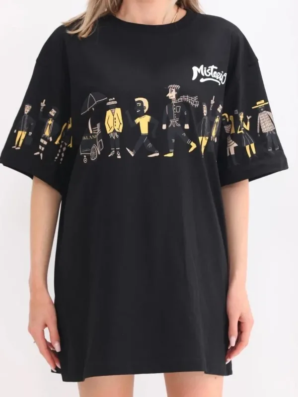 Női Fekete Oversize Kerékpárnyakú Mintás Póló 3