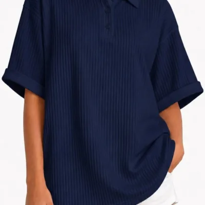 Tamnoplava Oversize Unisex Pamučna Polo Kragna Majica 3