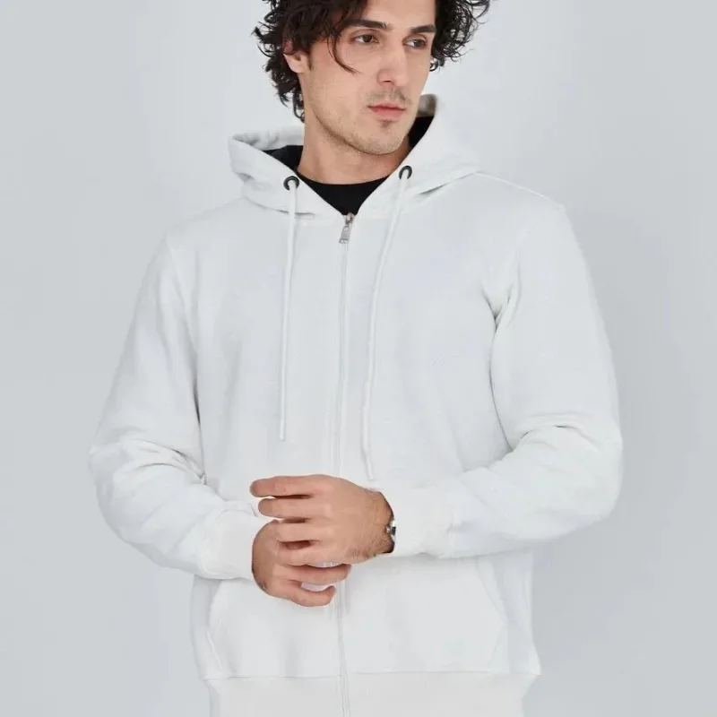 Mêr Spî 3 Têl Pembû Hoodie Bi Zîp û Cêb