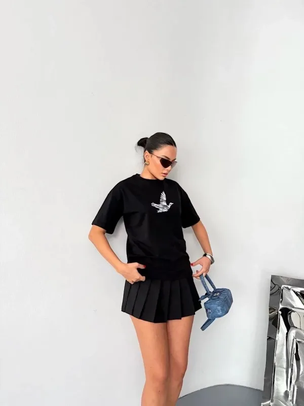 Ženska crna oversize biciklistička kragna s printom 8