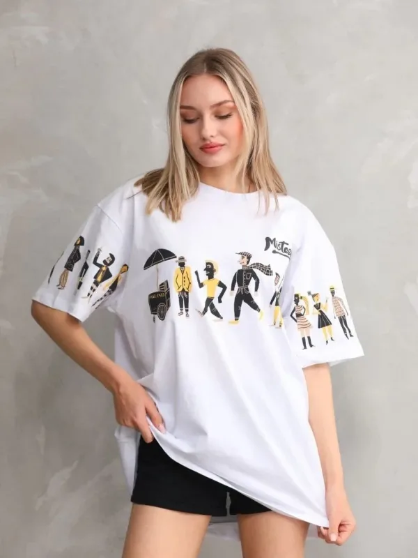 Ženska bela oversize biciklistička kragna printovana majica 4