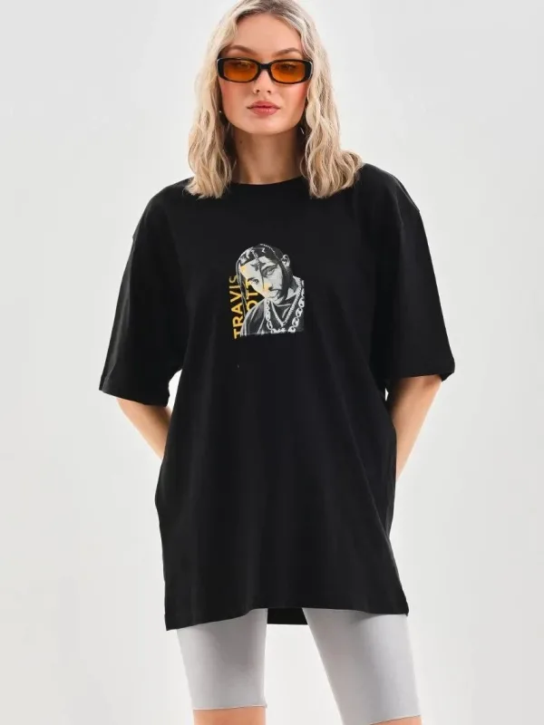 Ženski crni Oversize Bicikli kragna print svakodnevna majica 6