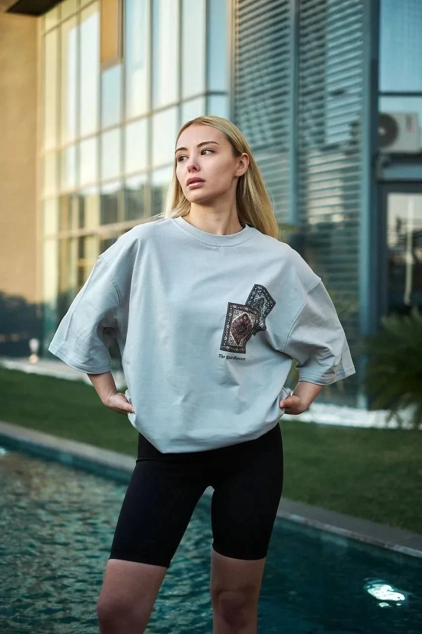 Ženska siva oversize bicikli kragna štampana kratkih rukava majica