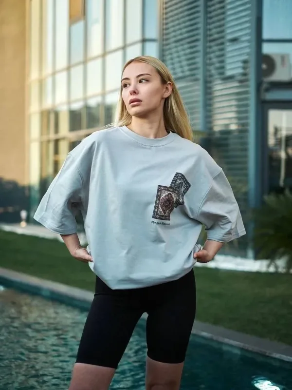 Ženska siva oversize bicikli kragna štampana kratkih rukava majica 1