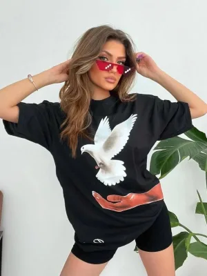 Ženski Crni Biciklistički Kragna Uzi Golub Print Oversize Majica