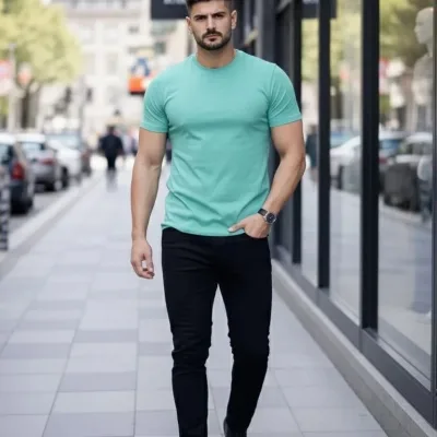 Muški tirkizni slim fit biciklistički ovratnik s likrom body majica 2