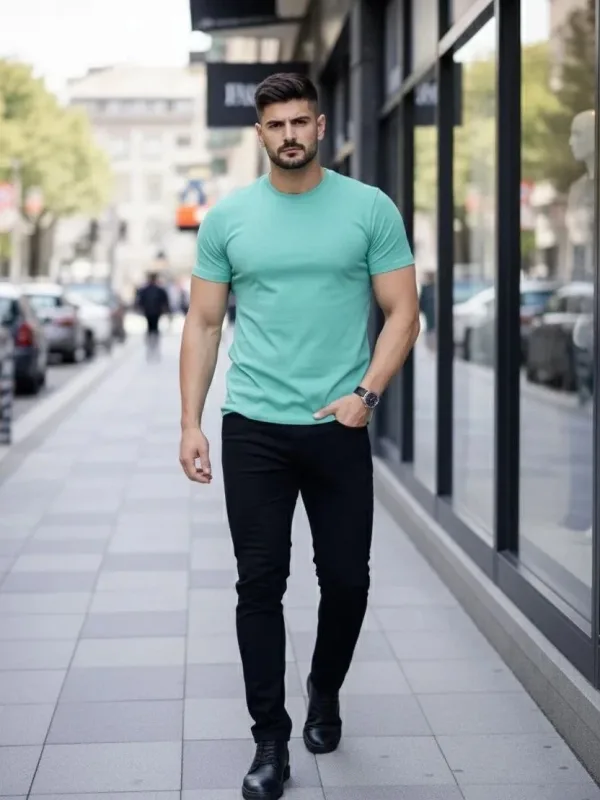 Muški tirkizni slim fit biciklistički ovratnik s likrom body majica 2