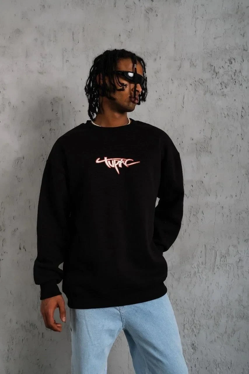 Men's Black 3-Thread Cotton Crew Neck Printed Sweatshirt