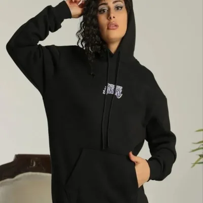 Női Fekete Oversize Kapucnis Zsebes Nyomott Hoodie Sweatshirt 2