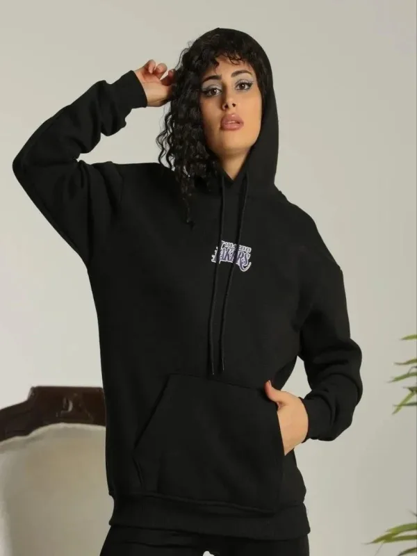 Női Fekete Oversize Kapucnis Zsebes Nyomott Hoodie Sweatshirt 2