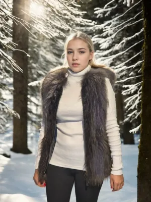 Dámská černá pravá kožešina bez rukávů zip vesta