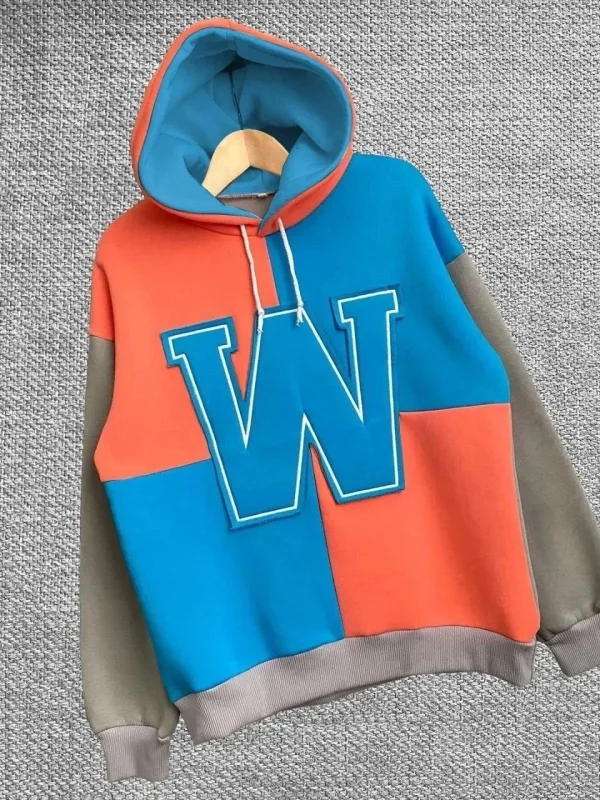 Women's Blue Embroidered Hooded 3-Thread Cotton Sweatshirt 5