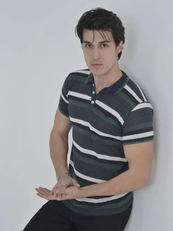 Męska khaki koszulka slim fit, tkana w paski, kołnierzyk polo 3