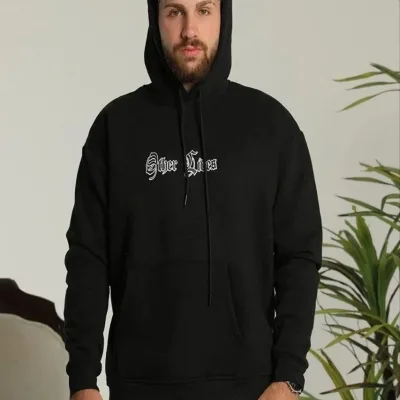 Kişi Qara Oversize 3 İplik Pambıqlı Çaprazlı Başlıqlı Sviter 3