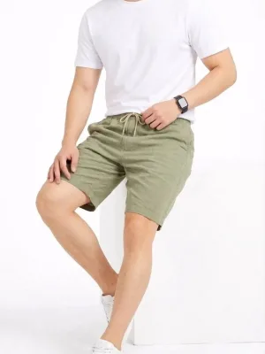 Pánské mátově zelené lněné šortky s kapsami a elastickým pasem